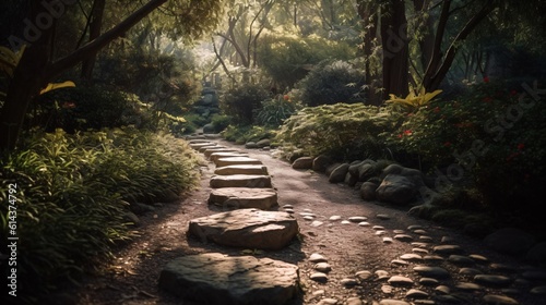 A Zen stone path winding through a beautifully landscaped garden  evoking a sense of calm and tranquility . Generative AI