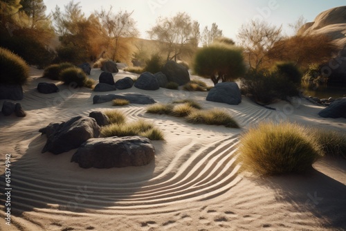 A tranquil zen garden with meticulously raked sand, surrounded by minimalist rock formations and a serene water feature . Generative AI