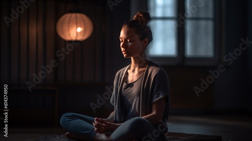 A woman practicing zen meditation in a quiet, softly lit room, seated on a meditation cushion with her eyes closed . Generative AI