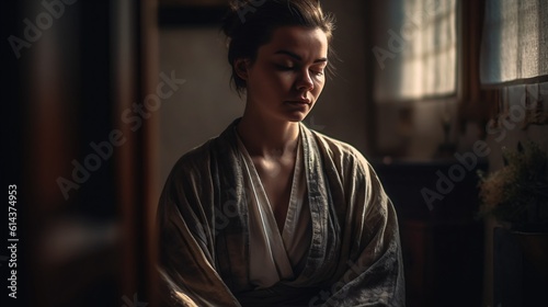 A woman practicing zen meditation in a quiet, softly lit room, seated on a meditation cushion with her eyes closed . Generative AI