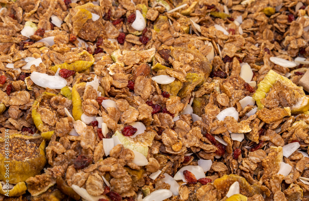 Granola Cranberries and Figs mix sold at a spices shop Granola Cranberries and Figs mix sold at a spices shop