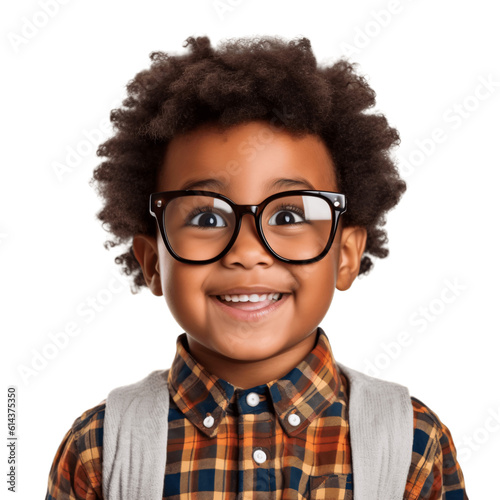 portrait of a cute african american boy wearing big eyeglasses. isolated on transparent background. no background. 