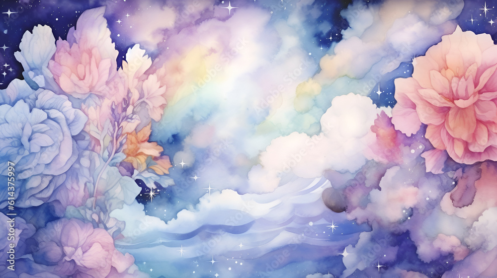 Beautiful watercolor galaxy background with cosmic flowers. Watercolor magical painting. AI illustration. For design of invitations, postcards, souvenirs, posters, for decorating.