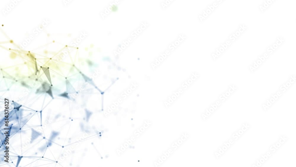 Cg. On a white background, colored triangles and dots are moving, which form an abstract polygonal network on the left side of the frame. Background for a scientific project