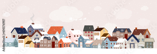 Winter City Scene,Christmas Greeting Card,New Year 2024 Background,Vector illustration of Horizon Cute Fairy Houses with Snowy for Christmas winter landscape Design for Postcard,Calendar,Web Banner
