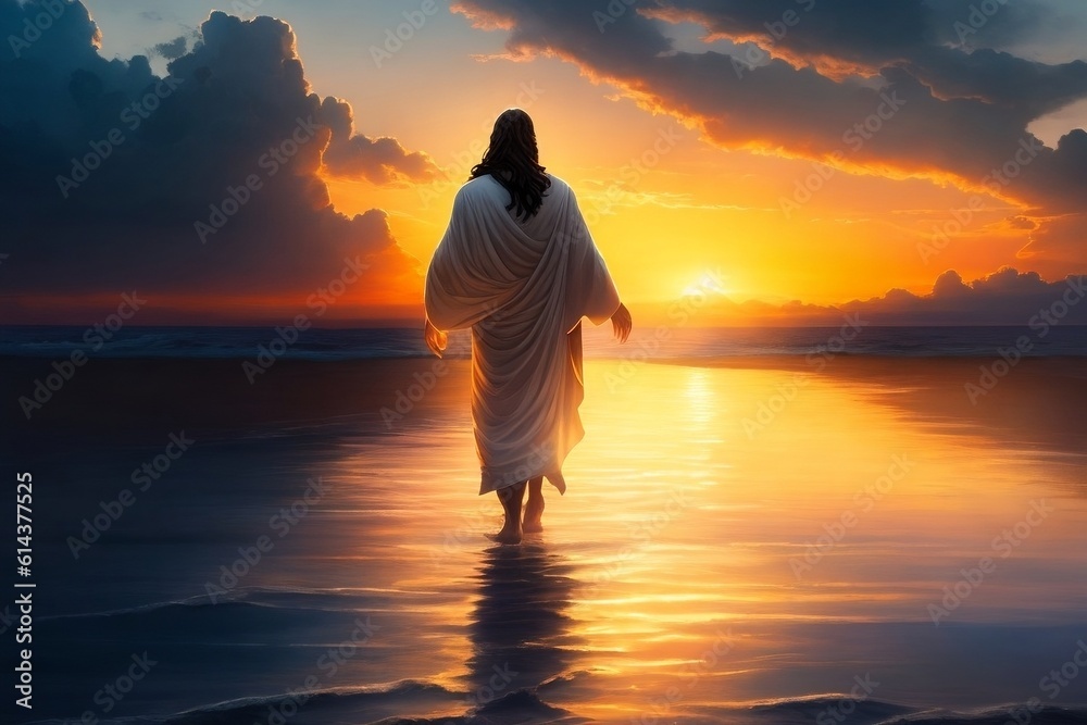 Guiding Light Jesus Walking on Water in a Dramatic Sunset. the figure ...