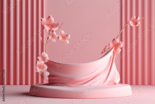 3D background, pink podium display. Sakura pink flower falling. Cosmetic or beauty product promotion step floral, pastel pedestal. Abstract minimal advertise. Generative AI.