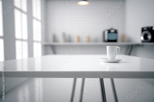 photo of empty table top in front of blurred white studio empty room with a table empty white room with table and chairs