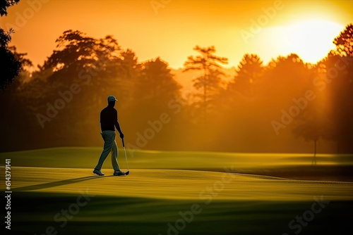Golfer playing golf in the evening golf course