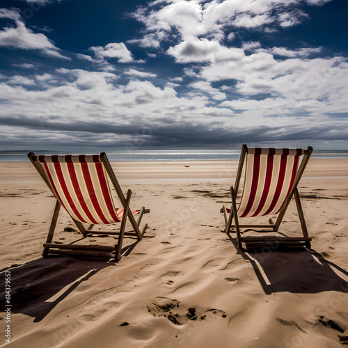 red and white, striped, wooden lounge chairs on a sandy beach, casting shadows; cloudscape for background