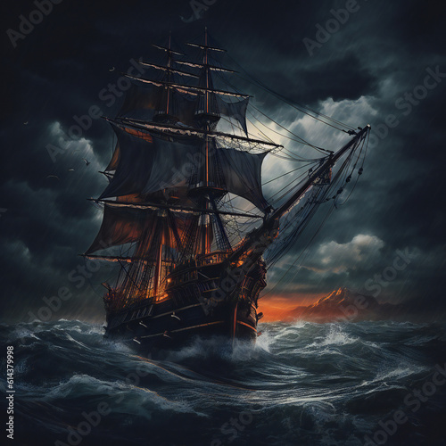 Pirate ship sailing on the ocean on a stormy night. Generative AI