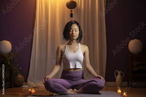 Japanese woman meditating alone at home. Generative AI