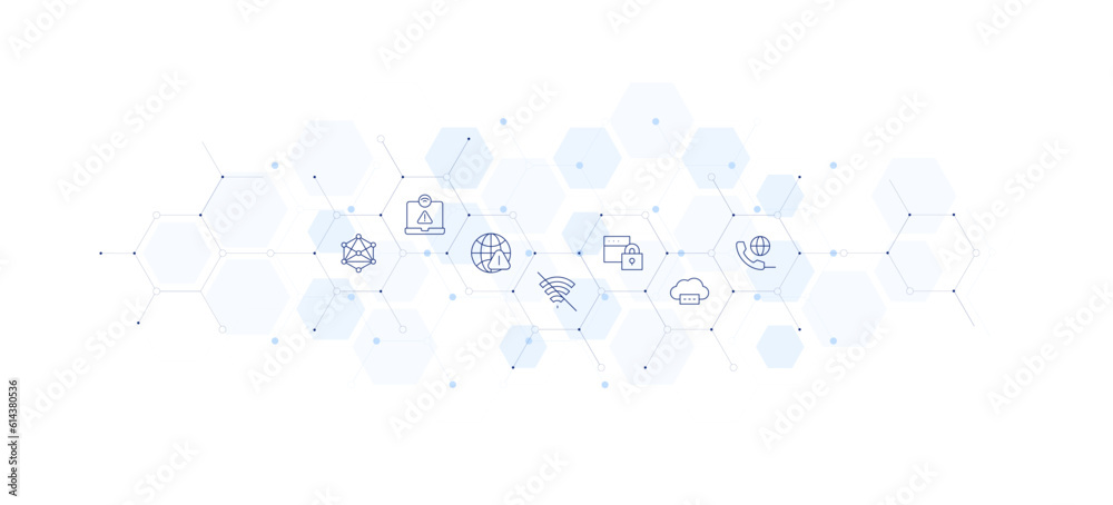 Internet banner vector illustration. Style of icon between. Containing networking, no connection, no internet, no wifi, padlock, password, phone call.