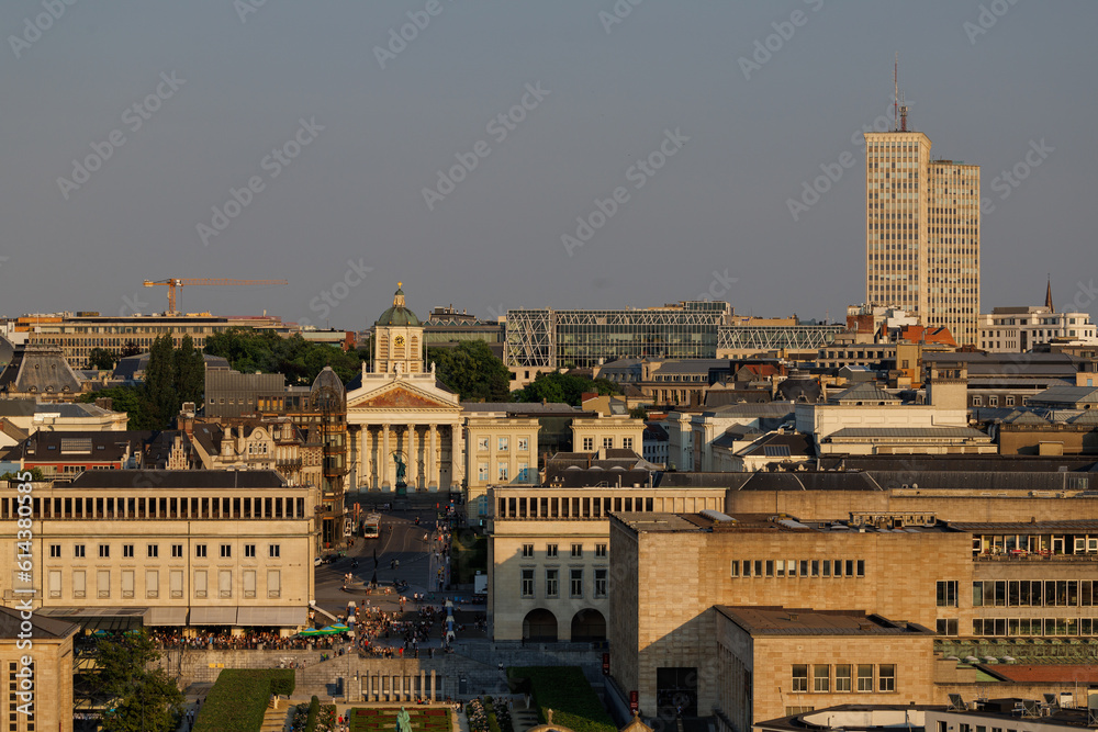 The centre of Brussels, Belgium, seen from above, from the Town Hall tower at sunset. You can see the Mont des Arts and the Church of St. James on Coudenberg located on the historic 'Place Royale'