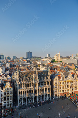 The Grand Place and the centre of Brussels, Belgium, seen from above, from the Town Hall tower at sunset.