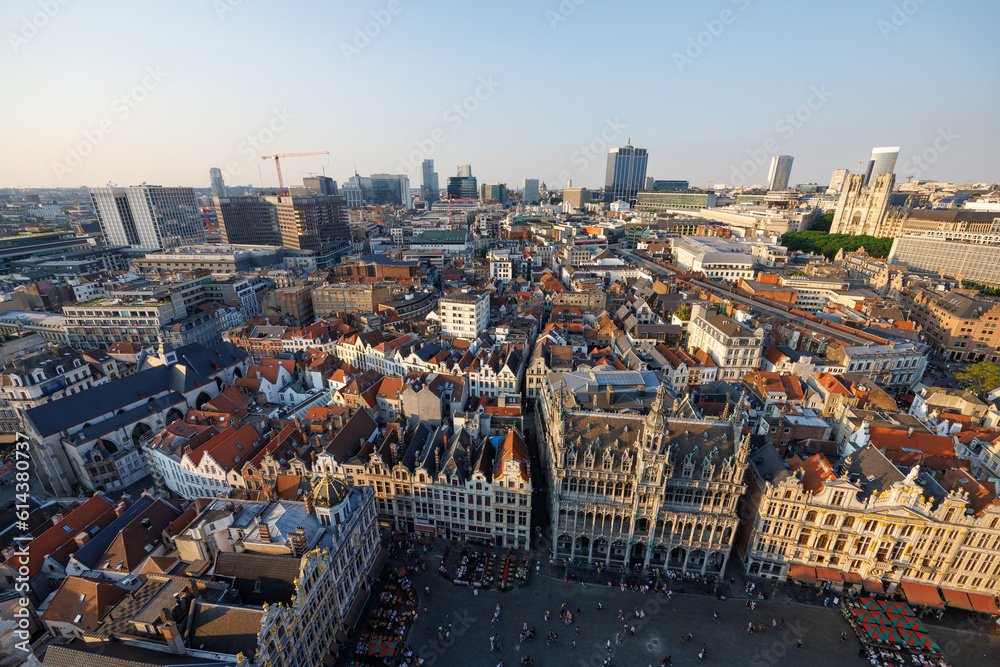 Fototapeta premium The Grand Place and the centre of Brussels, Belgium, seen from above, from the Town Hall tower at sunset.