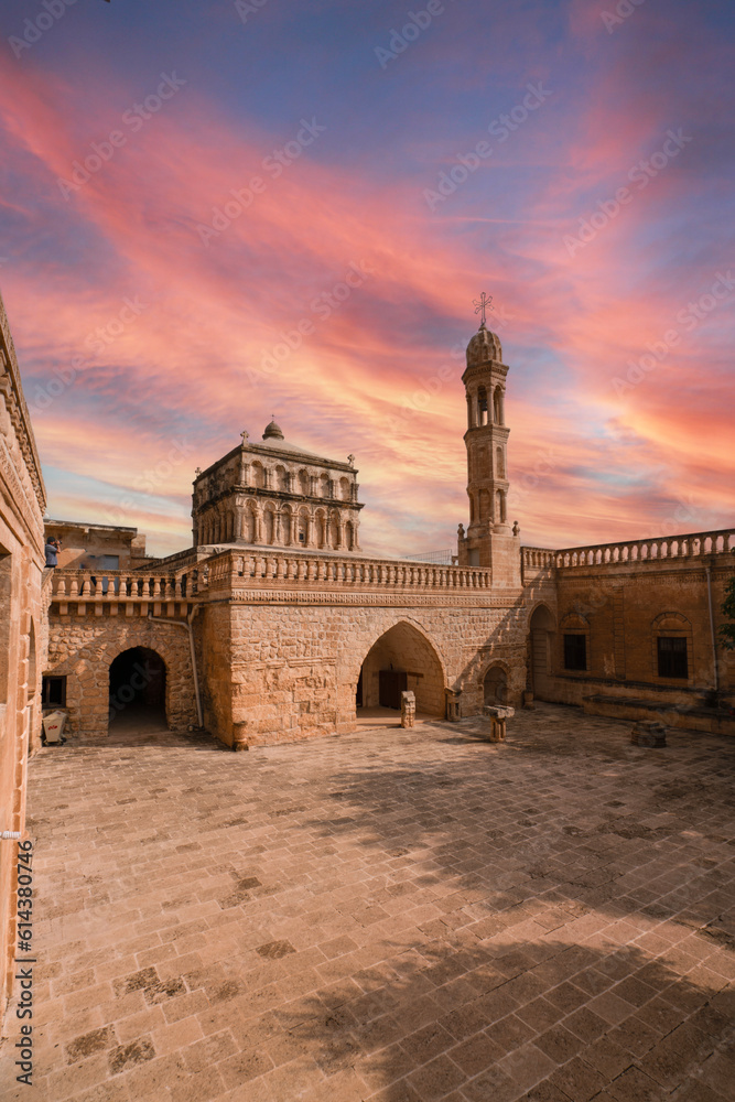 mardin region midyat district virgin mary church architecture and colorful sky