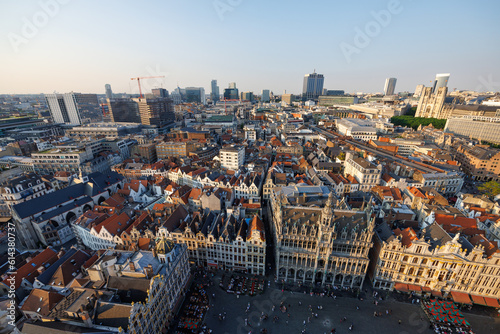 The Grand Place and the centre of Brussels  Belgium  seen from above  from the Town Hall tower at sunset.