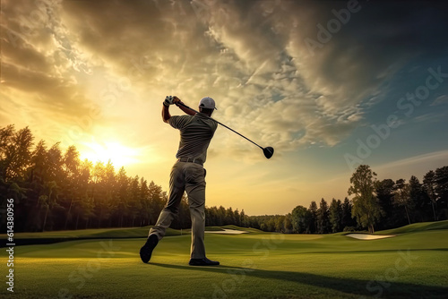 Professinal golf player on golf course. Pro golfer taking a shot, swing, backside
