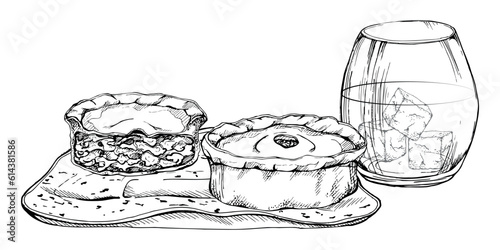 Ink hand drawn vector sketch. Scotland symbol food, scotch pie with minced meat or steak, glass with whisky on rocks. Design for tourism, travel, brochure, guide, print, card, tattoo, restaurant menu.