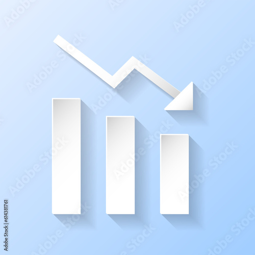 Business Finance Financial Reduction Concept Reducing Bar Graph Chart Arrow Down Decreasing Investment Loss Reduce Market 3D White Papercut Paper art Icon Isolated Background Vector Illustration
