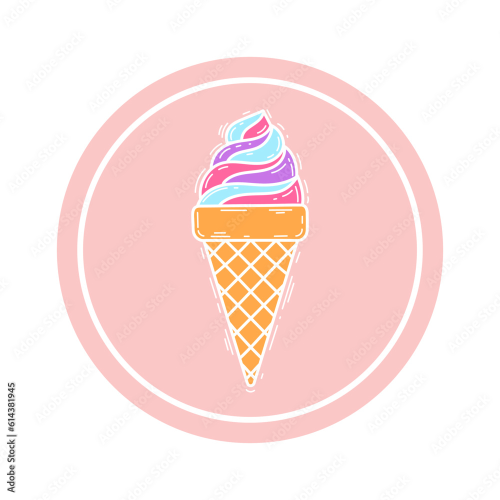 Pink ice cream in the waffle cone. Vector flat outline icon. Cartoon style illustration for sticker and t-shirt design. Flat logo design. Vector flat outline icon Pink ice cream in the waffle cone. Vector flat outline icon. Cartoon style illustration for sticker and t-shirt design. Flat logo design. Vector flat outline icon