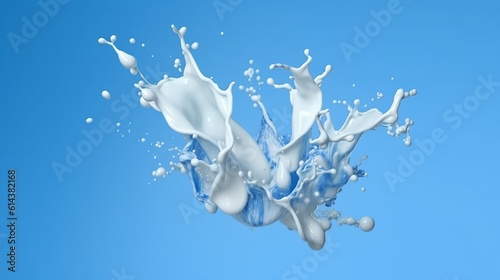 Milk splash isolated blue background. Generative Ai