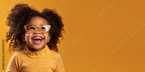 Happy little african american girl with big eyeglasses. Isolated on solid yellow background 
