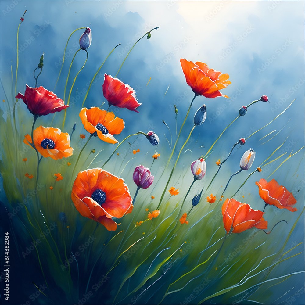 Obraz premium Meadow wild flowers watercolor paint. AI generated illustration