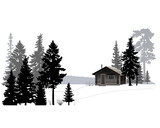 Winter forest landscape with wooden house, black and white style. Vector illustration.