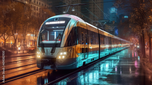 Fast-speed tram in the night city