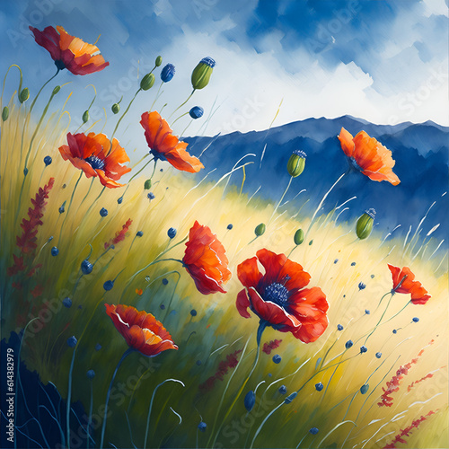 Meadow wild flowers watercolor paint. AI generated illustration