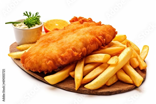 Deep Fried Beer Batter Fish and Chips On White Background  photo