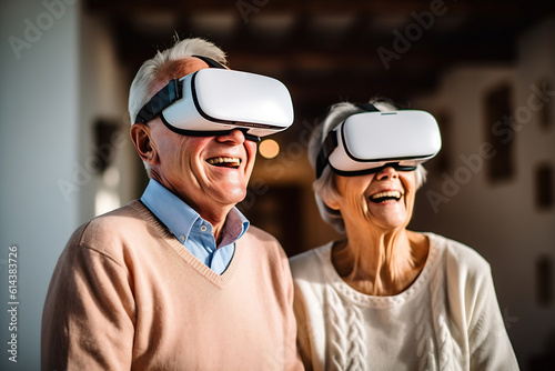 Senior mature couple having fun with virtual reality glasses. Old people using new headset goggles trends technology Generative AI
