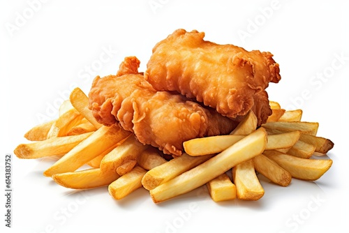 Deep Fried Beer Batter Fish and Chips On White Background  photo