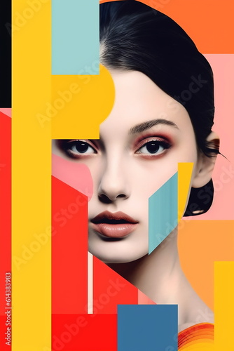 Popup poster with woman portrait. Colorful digital art Generative AI