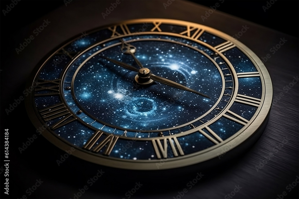 Visually striking image of a clock in space, symbolizing the concept of time in a cosmic context. Visually striking image of a clock in space, symbolizing the concept of time in a cosmic context.