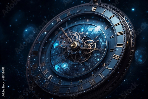 Visually striking image of a clock in space, symbolizing the concept of time in a cosmic context.