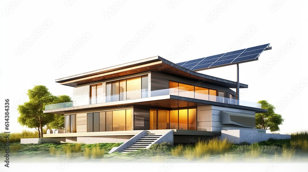 Fototapeta premium Сontemporary residence featuring solar panels against a isolated background. Generative Ai