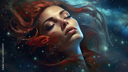 Rêve éthéré, femme endormie parmi les étoiles et le nuage nébuleux aux cheveux rouges. photo