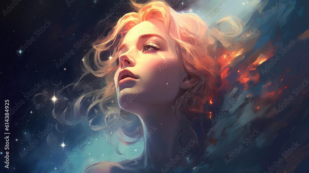 Mystère céleste, portrait d'une femme aux yeux ouverts fondue dans l'espace étoilé. Mystère céleste, portrait d'une femme aux yeux ouverts fondue dans l'espace étoilé.