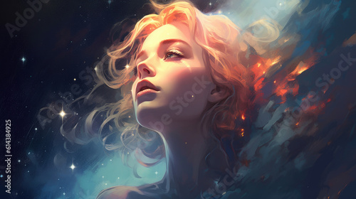 Mystère céleste, portrait d'une femme aux yeux ouverts fondue dans l'espace étoilé. © Nicolas