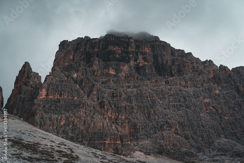 Rockformations in the Dolomites, Alps. Cloudy, moody feeling while hiking in the mountains