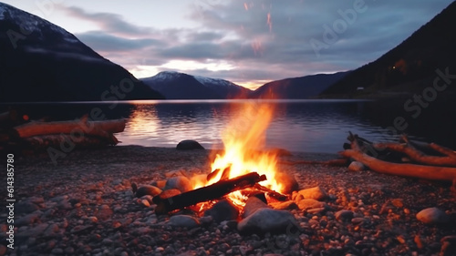 Glowing campfire by the lake. Sunset with open flames, fire, and logs. Camping on the beach at night. Serene lake landscape. 