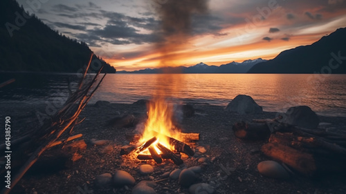 Glowing campfire by the lake. Sunset with open flames, fire, and logs. Camping on the beach at night. Serene lake landscape. 