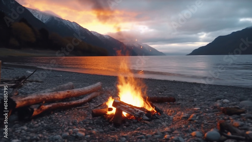 Glowing campfire by the lake. Sunset with open flames, fire, and logs. Camping on the beach at night. Serene lake landscape. 