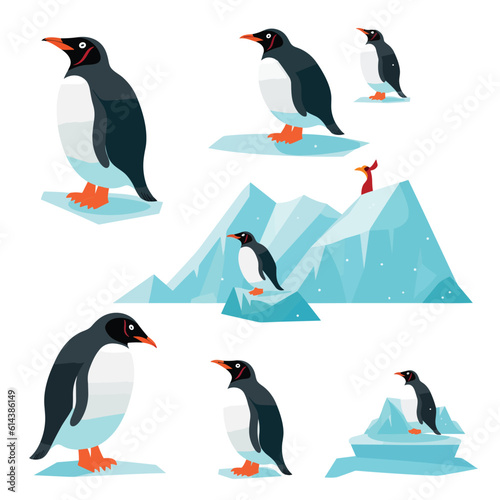 Penguin near ocean set vector flat minimalistic isolated illustration