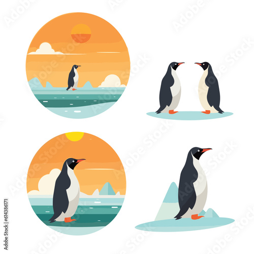 Penguin near ocean set vector flat minimalistic isolated illustration