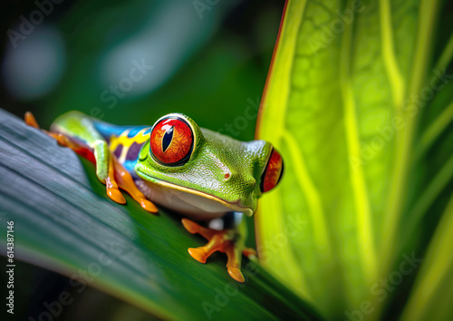 The very curious red-eyed tree frog is sitting on the green leaf and basking in the sunlight. Cute tree frog look. Natural background. AI generated.