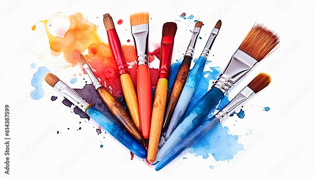 Fototapeta premium Brushes and watercolor on white background, ai generative